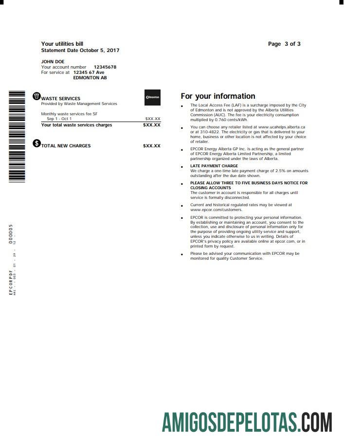 imprimível Modelo de conta de serviços públicos de eletricidade do Canadá Epcor em formato Word e PDF, 3 páginas 3